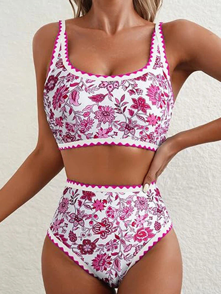 Maillot 2 pièces imprimé fleuri à surpiqûres