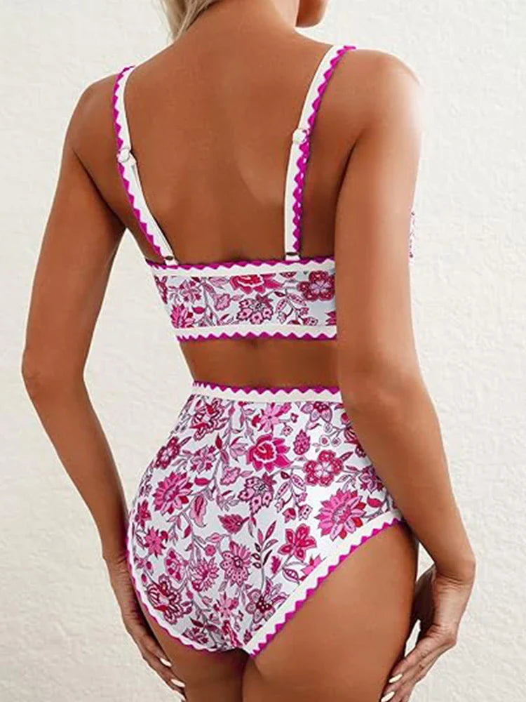 Maillot 2 pièces imprimé fleuri à surpiqûres
