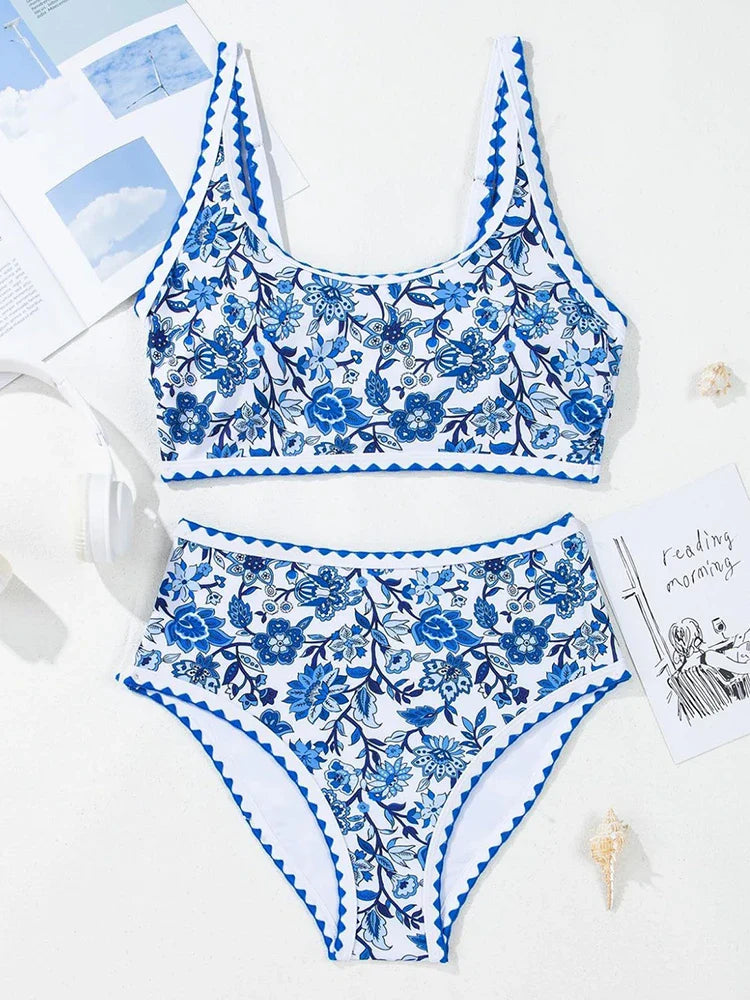 Maillot 2 pièces imprimé fleuri à surpiqûres