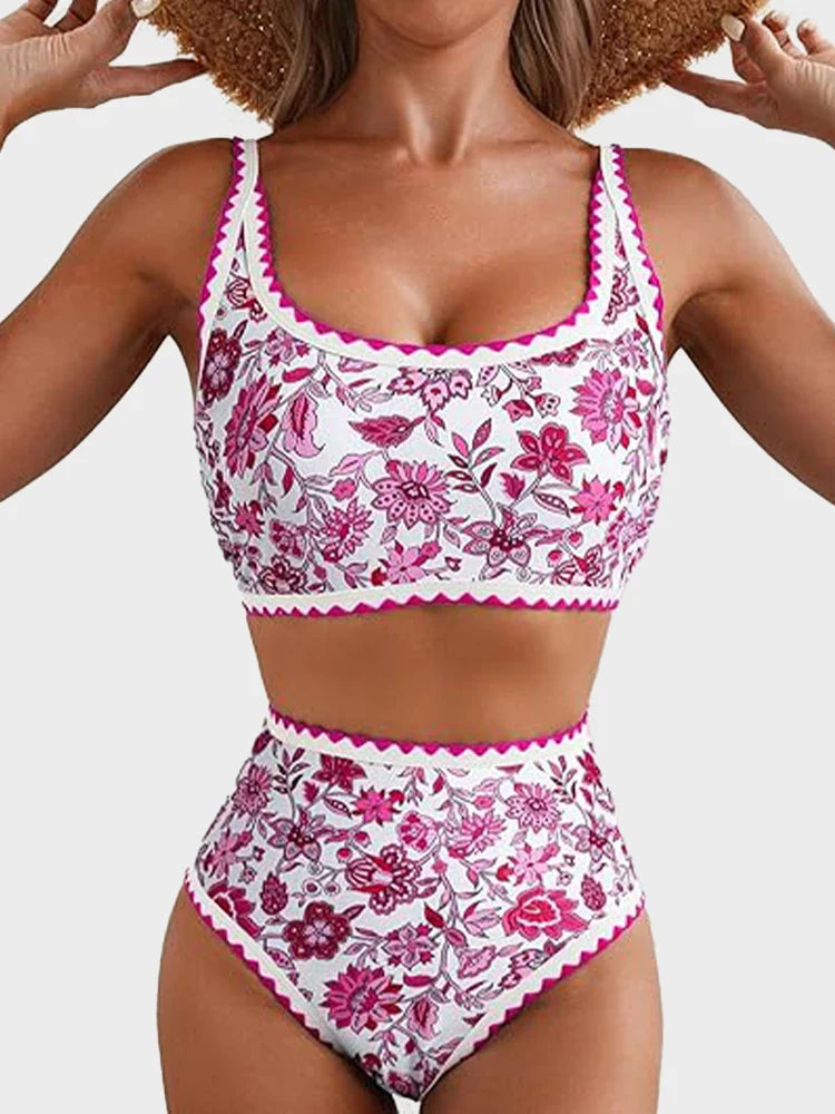 Maillot 2 pièces imprimé fleuri à surpiqûres