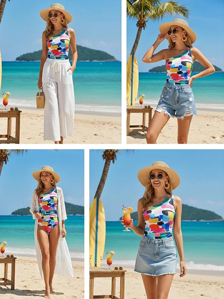 Maillot 1 pièce asymétrique effet ventre plat