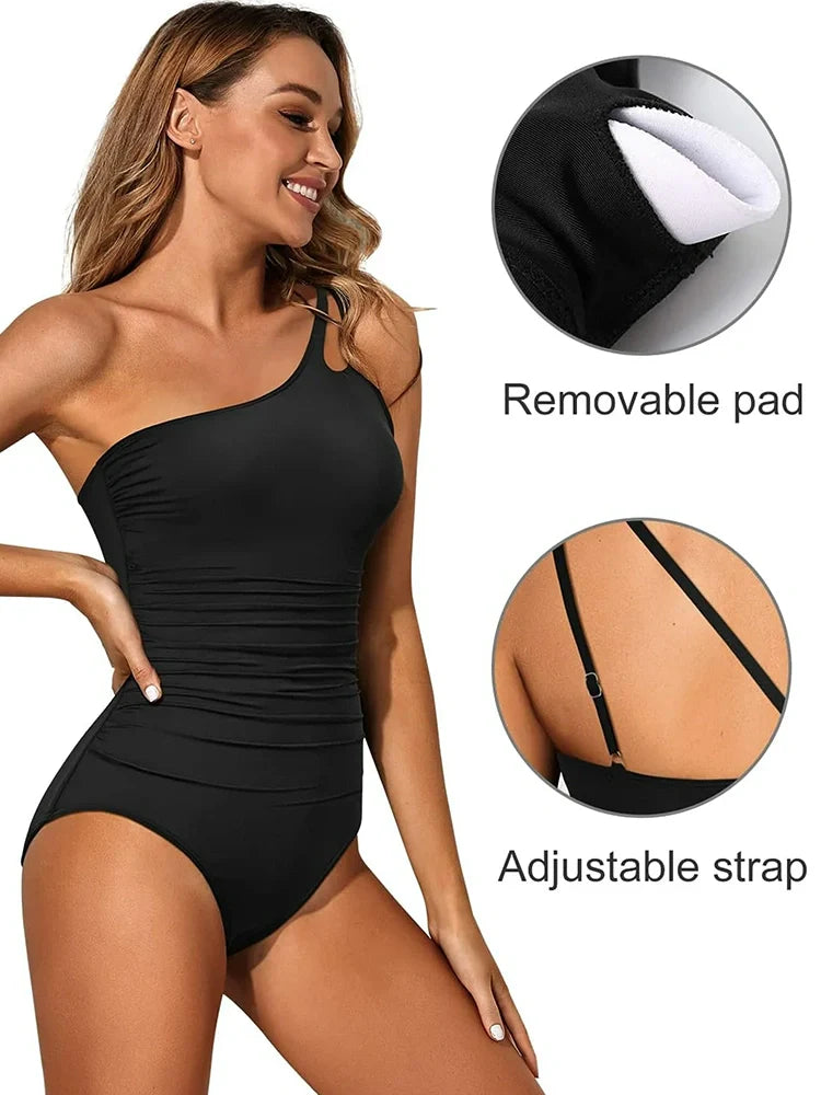 Maillot 1 pièce asymétrique effet ventre plat