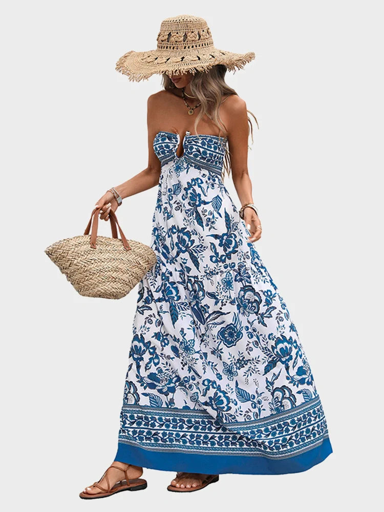 Robe longue bustier à fleurs bleu & blanc – Esprit resort