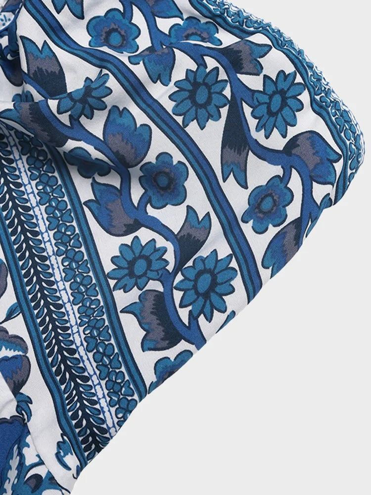 Robe longue bustier à fleurs bleu & blanc – Esprit resort