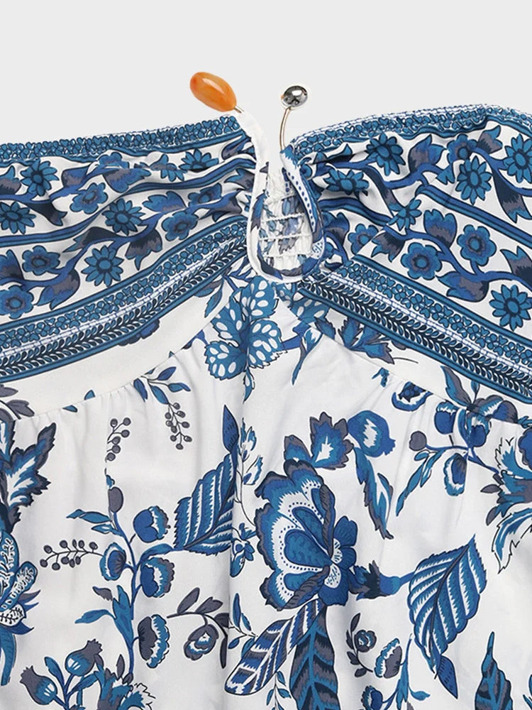 Robe longue bustier à fleurs bleu & blanc – Esprit resort