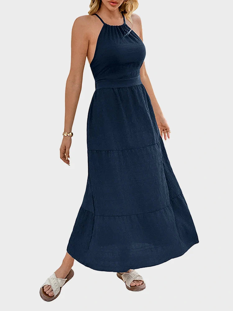 Robe longue dos nu à col licou en tissu texturé