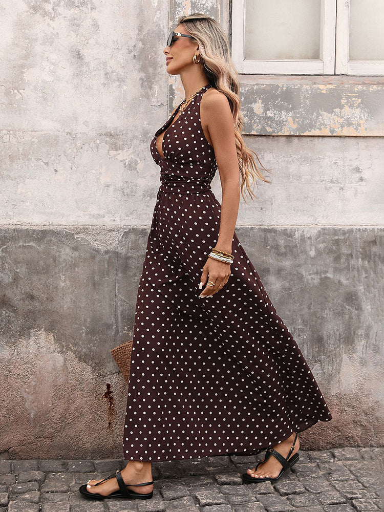 Robe en satin à pois – Col licou en V, coupe trapèze