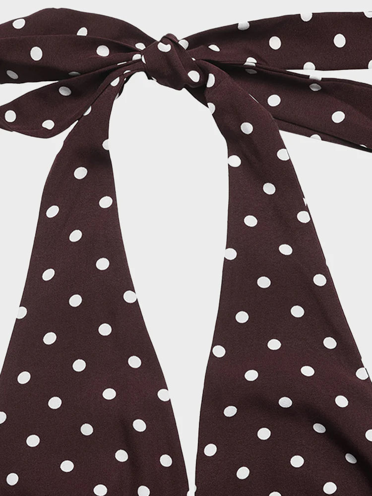 Robe en satin à pois – Col licou en V, coupe trapèze