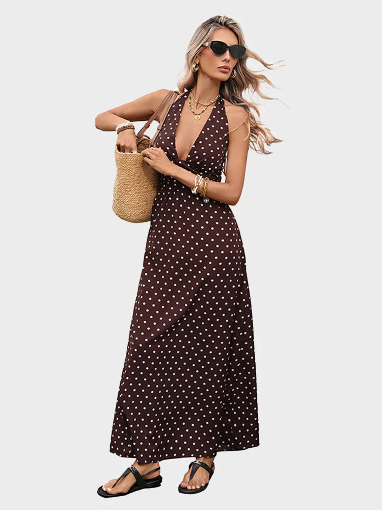 Robe en satin à pois – Col licou en V, coupe trapèze