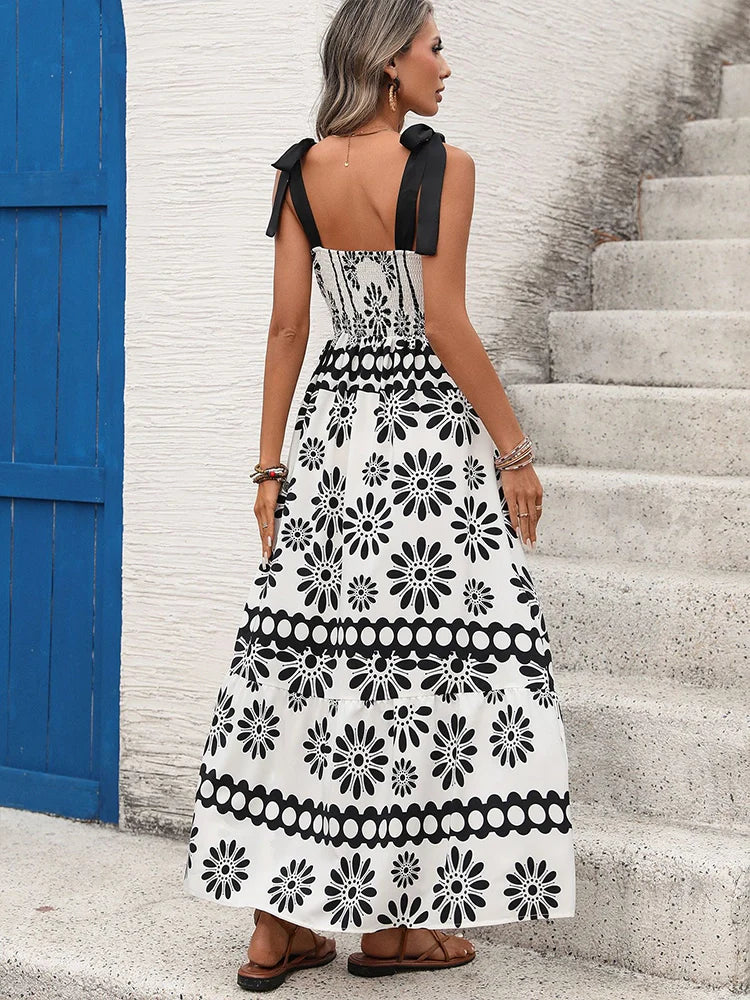 Robe longue imprimée dos nu à col licou