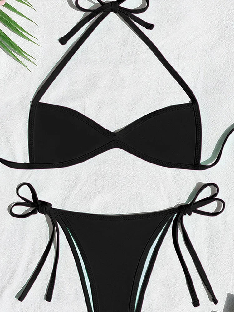 Bikini 2 pièces femme dos nu à nouer, échancré et uni