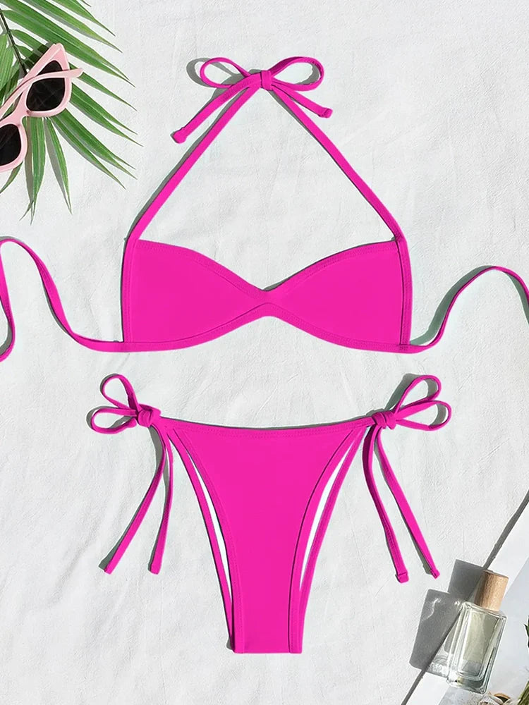 Bikini 2 pièces femme dos nu à nouer, échancré et uni