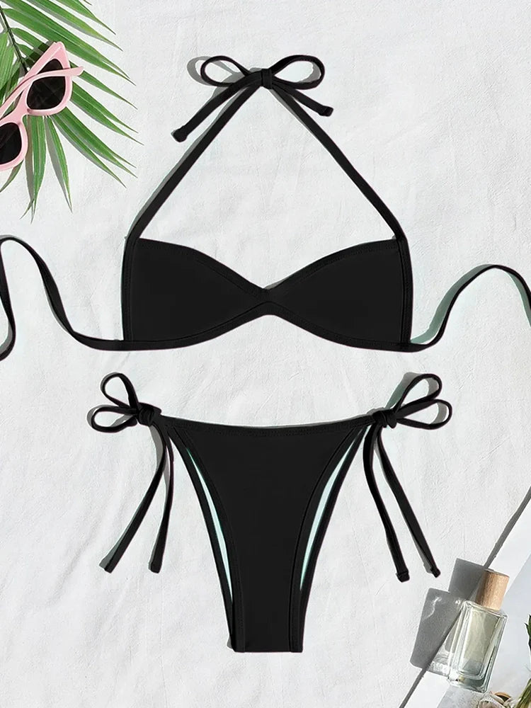 Bikini 2 pièces femme dos nu à nouer, échancré et uni