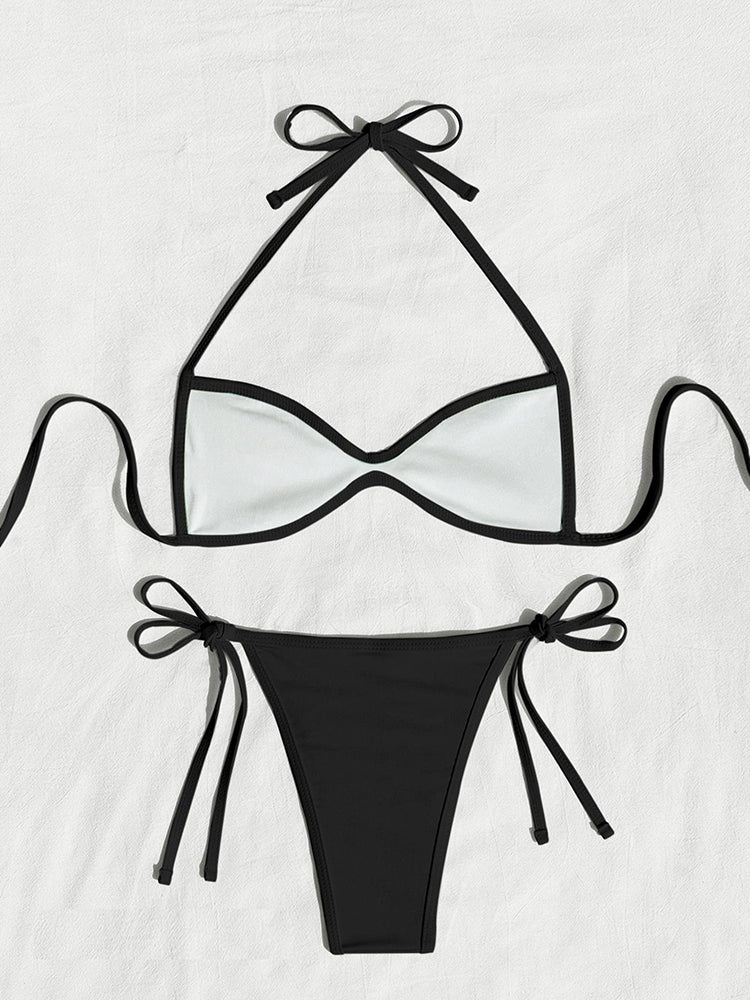 Bikini 2 pièces femme dos nu à nouer, échancré et uni