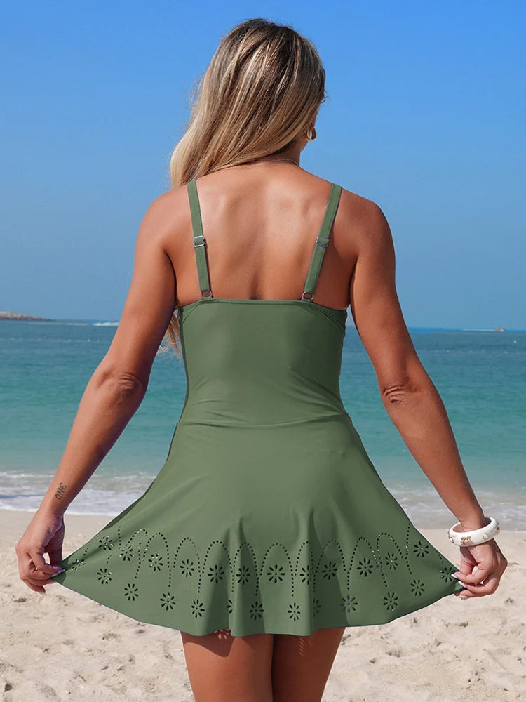 Robe de bain femme torsadée – 1 pièce gainant froncé avec jupette