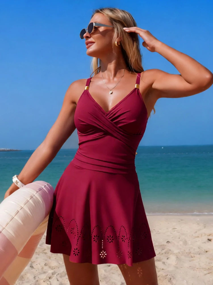 Robe de bain femme torsadée – 1 pièce gainant froncé avec jupette