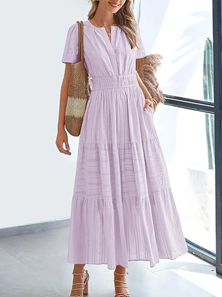Robe longue décontractée manches courtes avec poches
