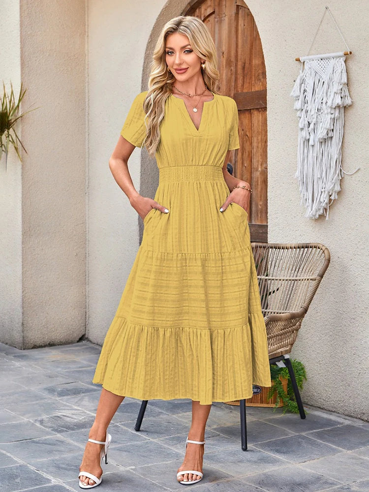 Robe longue décontractée manches courtes avec poches