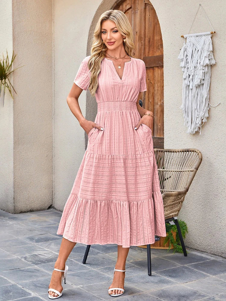 Robe longue décontractée manches courtes avec poches