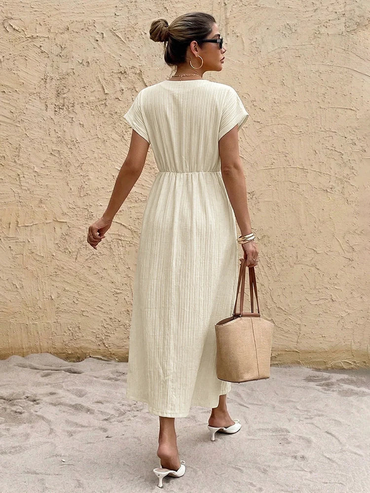 Robe longue col V manches courtes