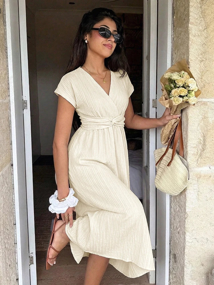 Robe longue col V manches courtes