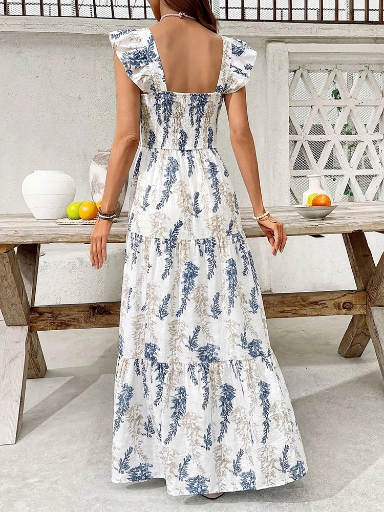 Robe longue bohème – col carré, sans manches, à smocks
