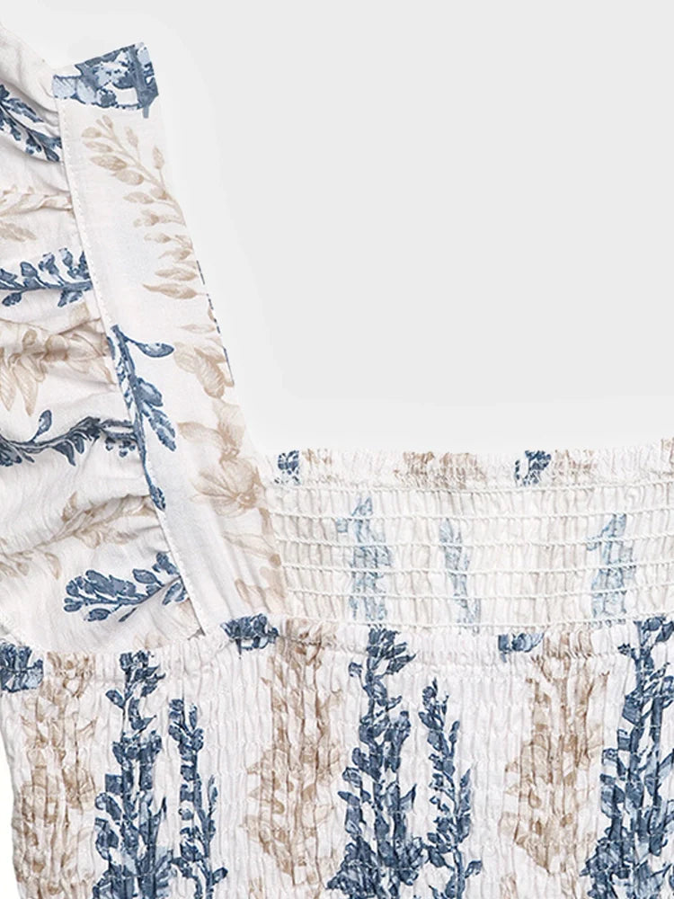 Robe longue bohème – col carré, sans manches, à smocks