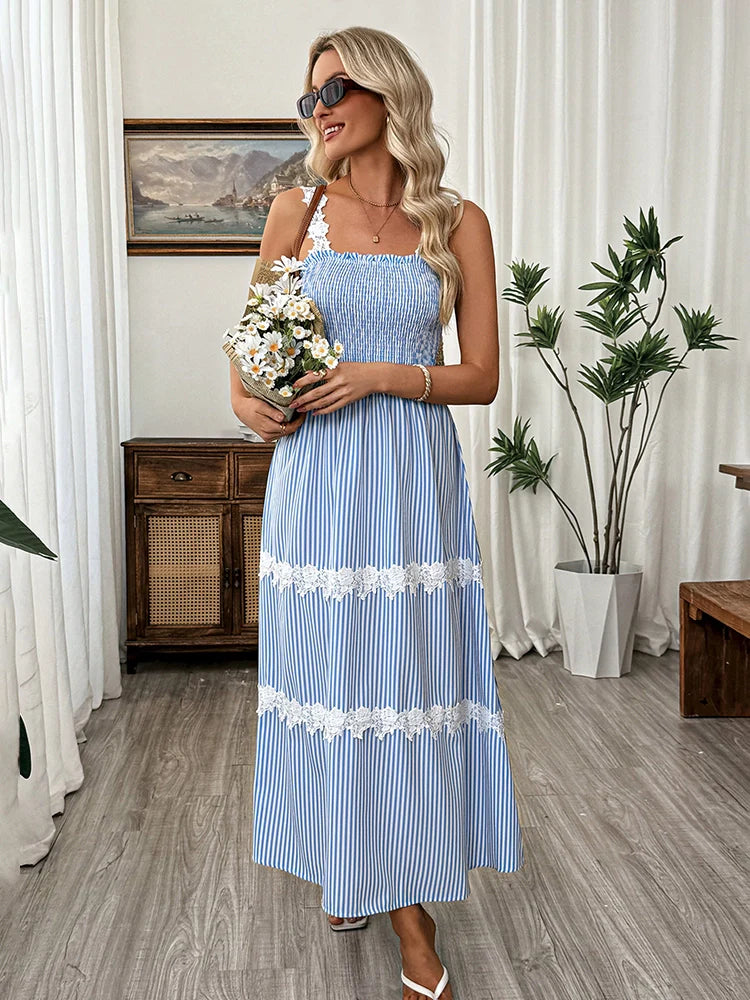 Robe longue rayée à bretelles fines, sans manches