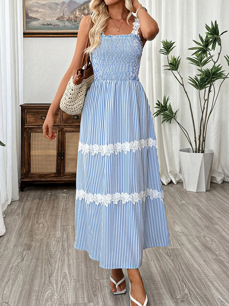 Robe longue rayée à bretelles fines, sans manches