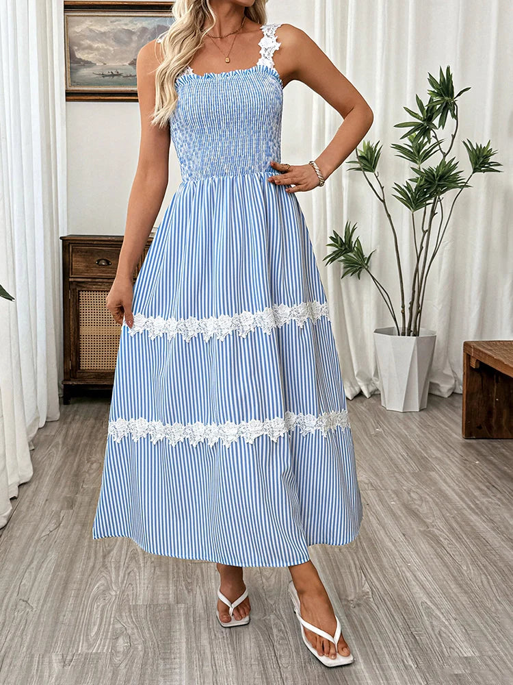 Robe longue rayée à bretelles fines, sans manches