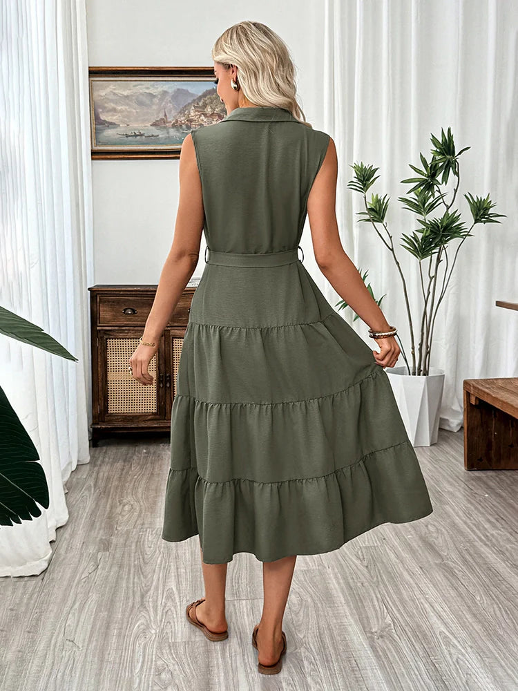 Robe chemise sans manches ceinturée