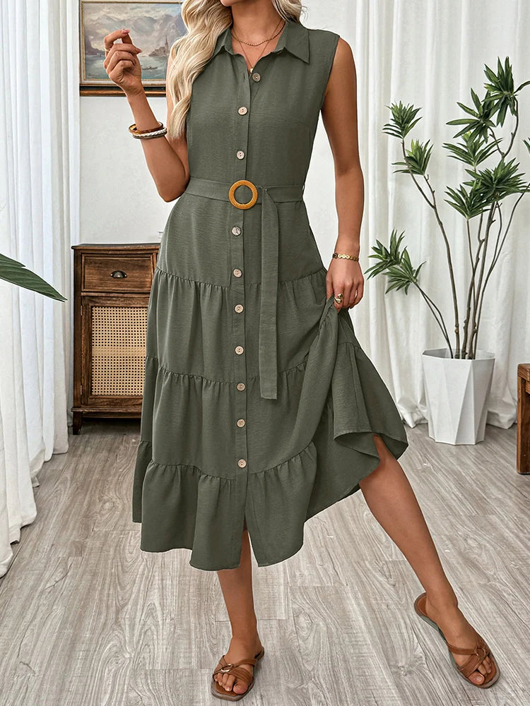 Robe chemise sans manches ceinturée