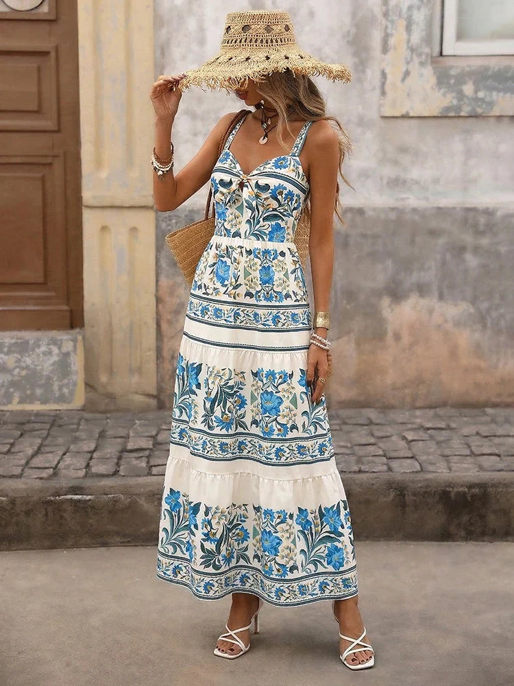 Robe longue de plage dos nu, imprimé bohème