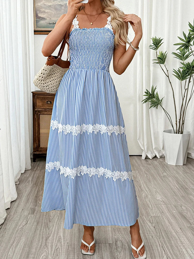 Robe longue rayée à bretelles fines, sans manches