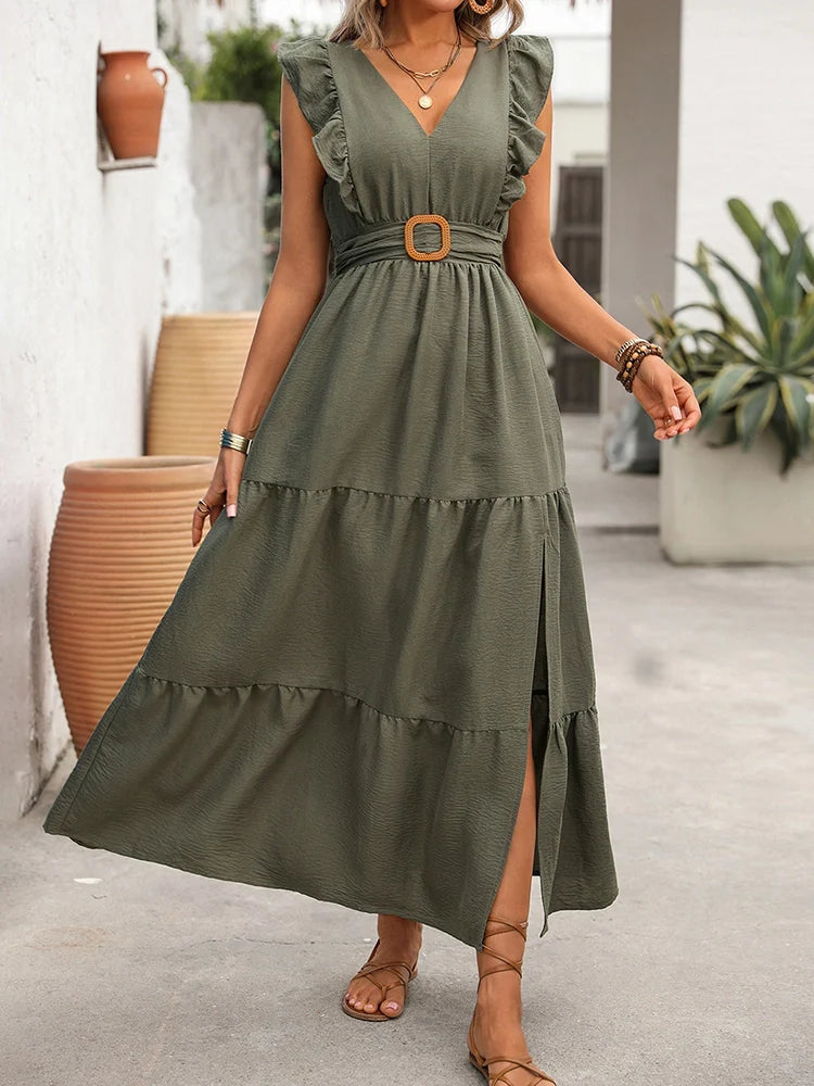 Robe midi à volants, col V croisé et taille haute nouée