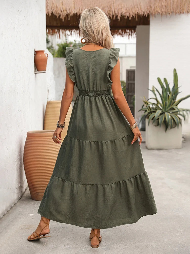 Robe midi à volants, col V croisé et taille haute nouée