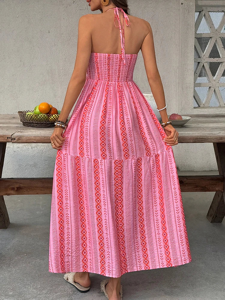 Robe longue dos nu à motif géométrique et jupe à volants