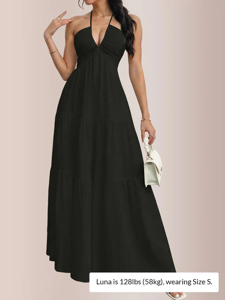 Robe longue à volants étagés et col dos-nu