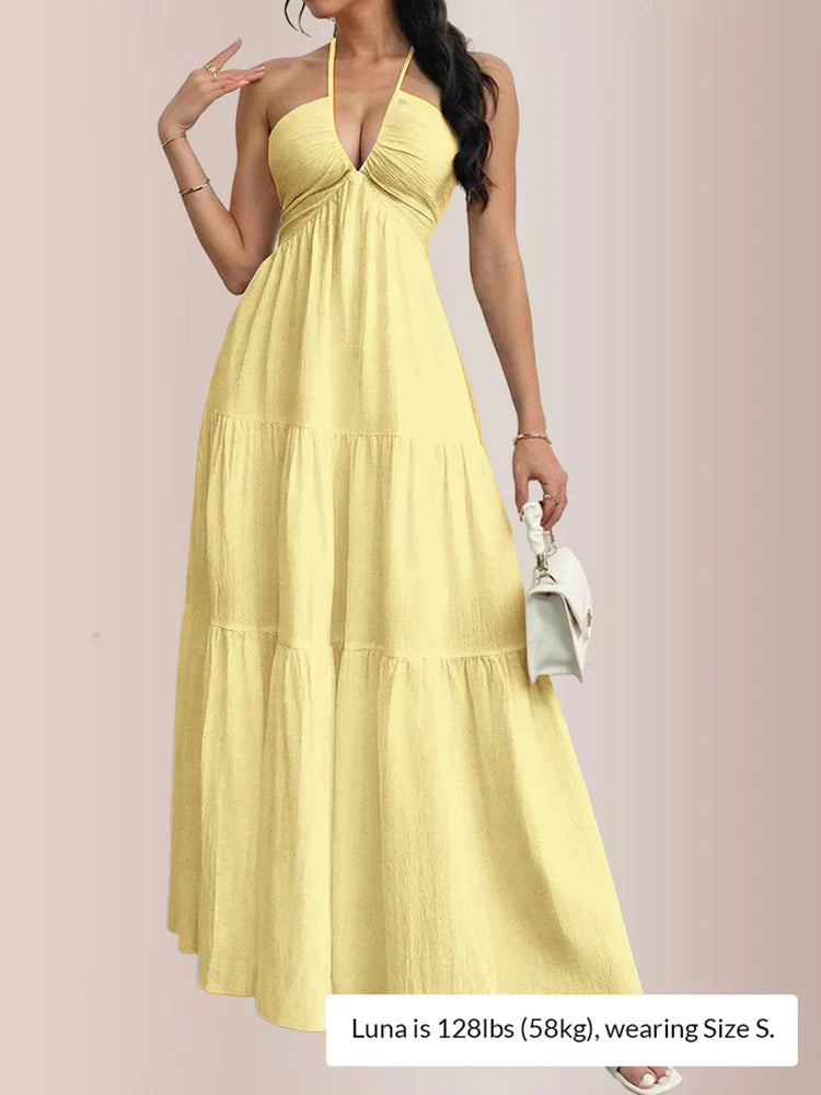Robe longue à volants étagés et col dos-nu