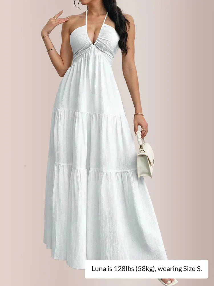 Robe longue à volants étagés et col dos-nu
