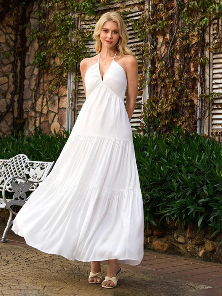 Robe longue à volants étagés et col dos-nu