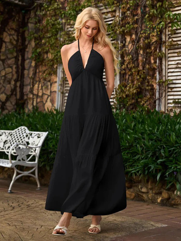 Robe longue à volants étagés et col dos-nu