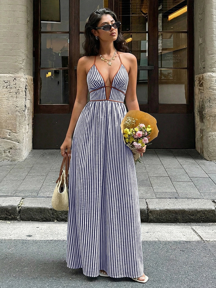 Robe longue femme à rayures et col dos-nu
