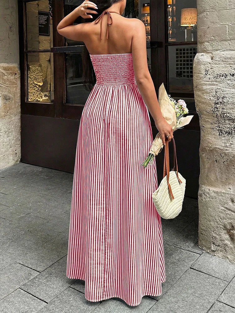 Robe longue femme à rayures et col dos-nu