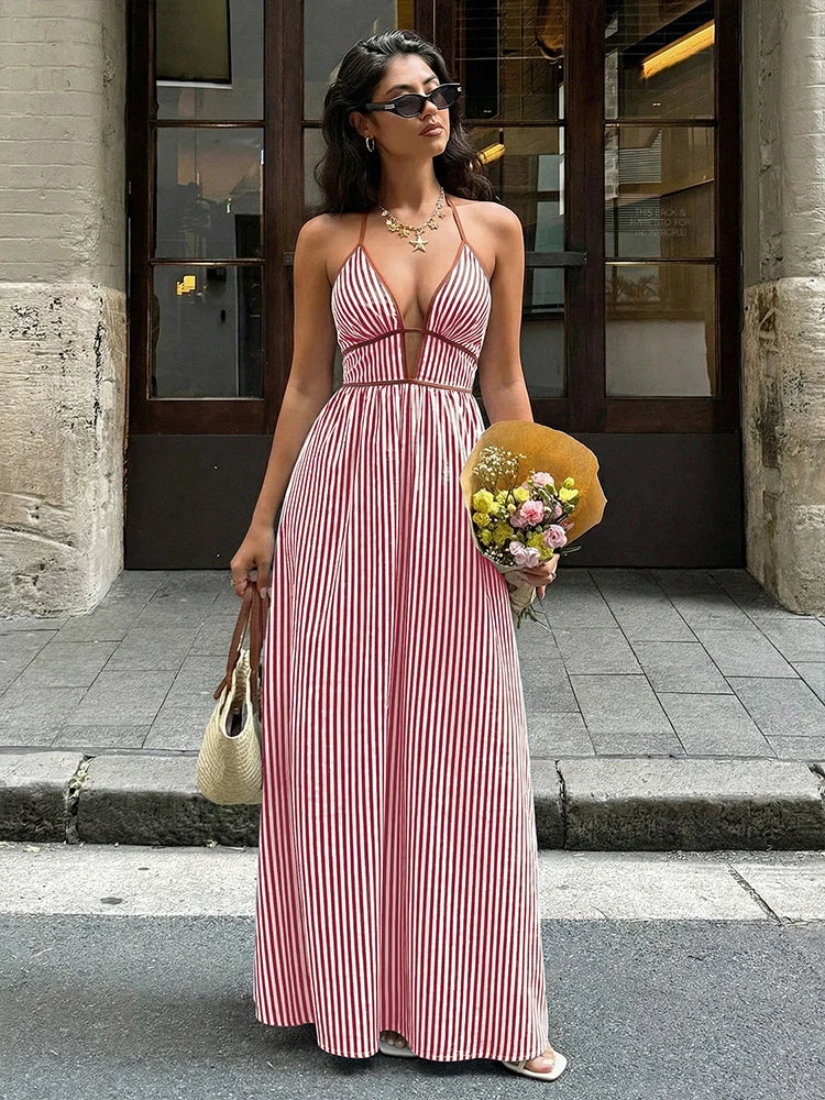 Robe longue femme à rayures et col dos-nu