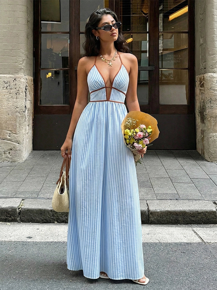Robe longue femme à rayures et col dos-nu