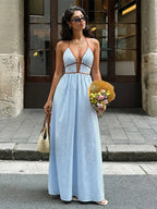Robe longue rayée à encolure dos-nu - Maison Flavigny