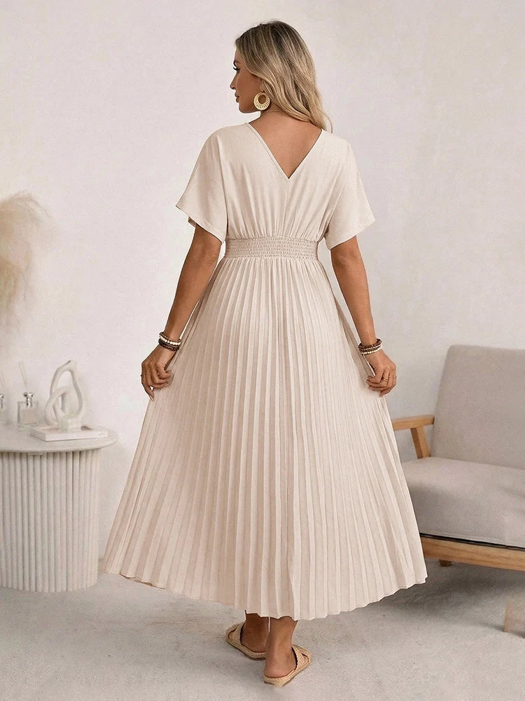 Robe longue plissée femme col V