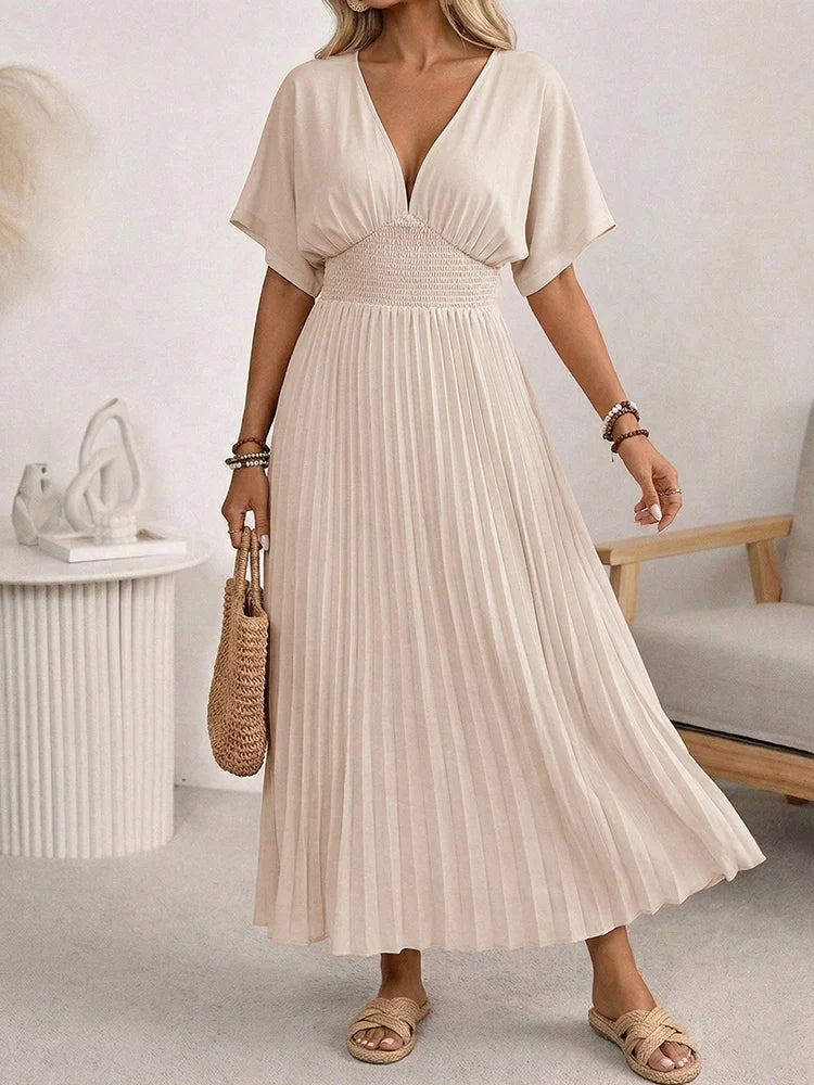 Robe longue plissée femme col V