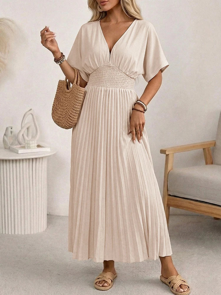 Robe longue plissée femme col V